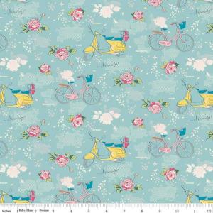 Tissu jordan someday velo bleu et roses au jardin c7910 aqua